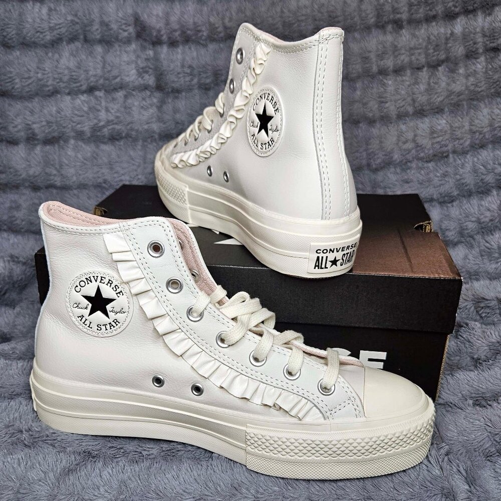 Converse Chuck Taylor All Star White Leather High Top with ruffle; Women US 8.5